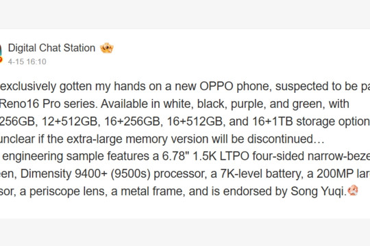 Giải mã thông số OPPO Reno16 Pro: Camera 200MP và bước nhảy vọt với pin 7,000 mAh