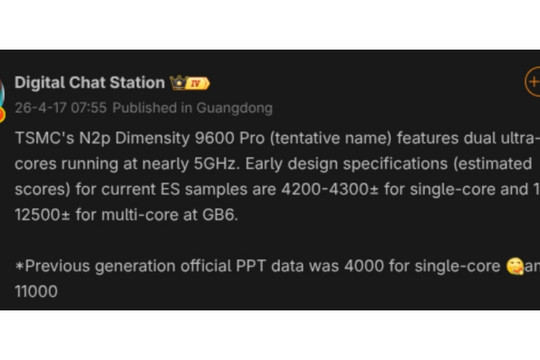 Dimensity 9600 Pro lộ hiệu năng cực khủng: Kiến trúc siêu lõi kép đạt 12,500 điểm đa nhân