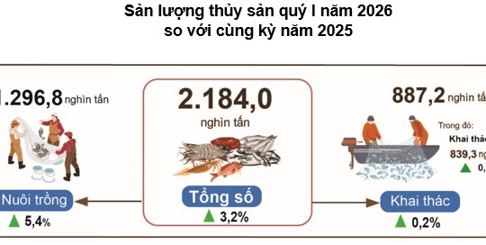 Sản lượng thủy sản Quý I/2026 đạt 2,18 triệu tấn, kim ngạch xuất khẩu tăng mạnh 13,3%