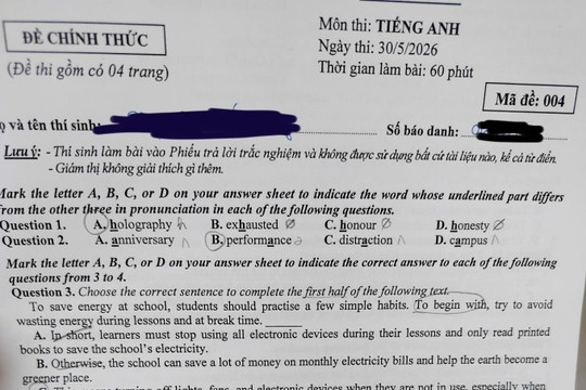 Đáp án mã đề 004 môn tiếng Anh vào 10 tại Hà Nội năm 2026