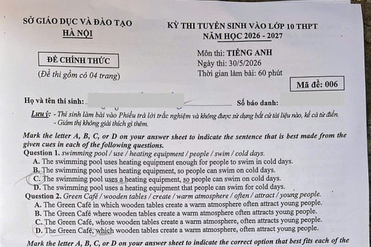 Đáp án mã đề 006 môn tiếng Anh vào 10 tại Hà Nội năm 2026