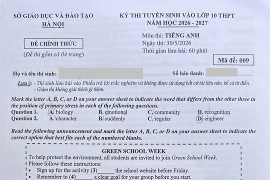 Đáp án mã đề 009 môn tiếng Anh vào 10 tại Hà Nội năm 2026