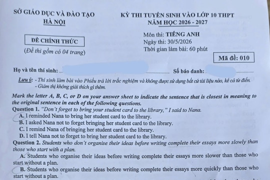 Đáp án mã đề 010 môn tiếng Anh vào 10 tại Hà Nội năm 2026