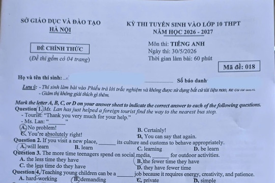 Đáp án mã đề 018 môn tiếng Anh vào 10 tại Hà Nội năm 2026