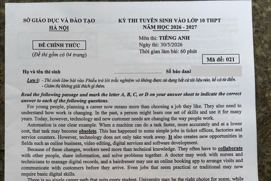 Đáp án mã đề 021 môn tiếng Anh vào 10 tại Hà Nội năm 2026
