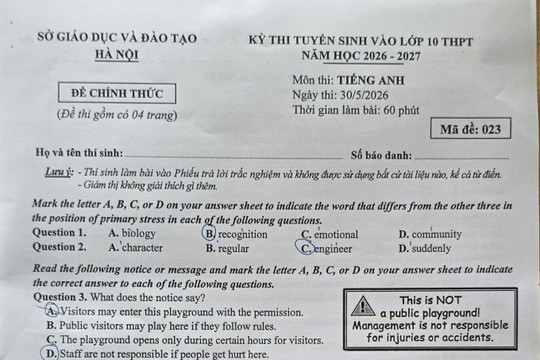 Đáp án mã đề 023 môn tiếng Anh vào 10 tại Hà Nội năm 2026