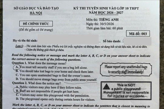 Đáp án mã đề 003 môn tiếng Anh vào 10 tại Hà Nội năm 2026