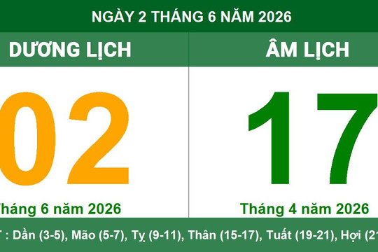Lịch Âm Dương ngày 2/6/2026: Ngày Đại An mang lại bình an và thuận lợi