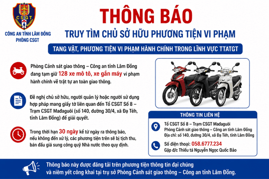 Công an Lâm Đồng thông báo truy tìm chủ sở hữu 128 xe vi phạm bị tạm giữ