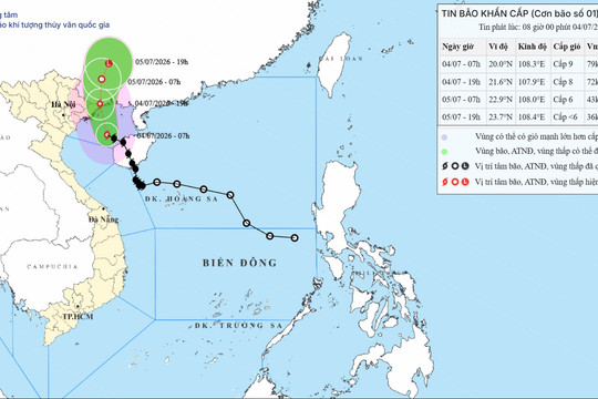 Tin bão khẩn cấp cơn bão số 1 ngày 04/07/2026: Gió giật cấp 11, Đông Bắc Bộ mưa đến 500mm