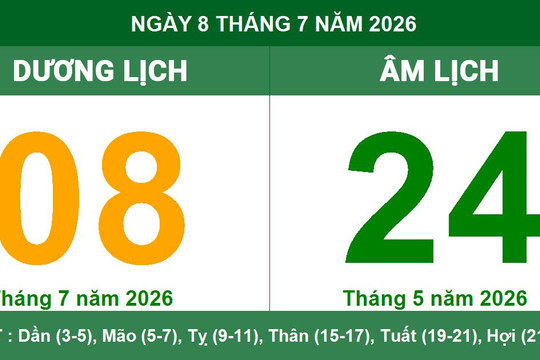 Lịch âm dương ngày 8/7/2026: Ngày Đại An thuận lợi cho khởi sự và cưới gả