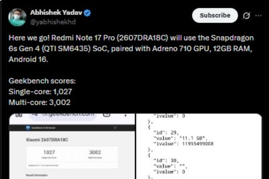 Redmi Note 17 Pro lộ sức mạnh trên Geekbench: Chip Snapdragon 6s Gen 4 và RAM 12GB