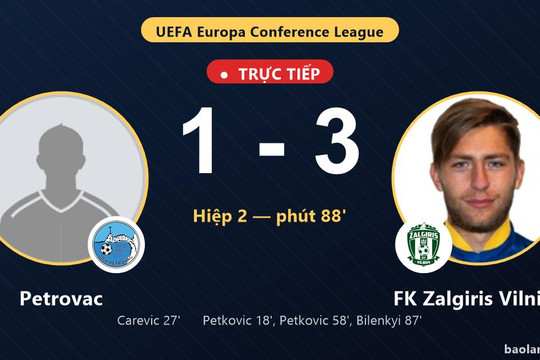 Trực tiếp Petrovac vs FK Zalgiris Vilnius: FK Zalgiris Vilnius nới rộng cách biệt 1-3