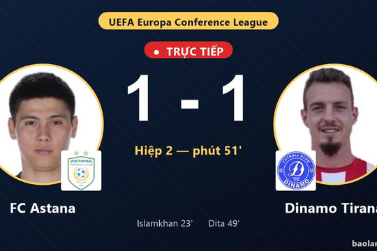 Trực tiếp FC Astana vs Dinamo Tirana: Dinamo Tirana gỡ hòa 1-1