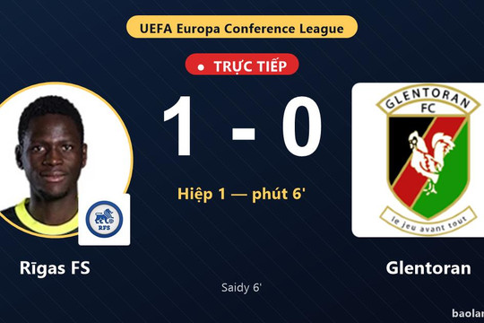 Trực tiếp Rīgas FS vs Glentoran: Hiệp 2 bắt đầu, Rīgas FS dẫn 1-0