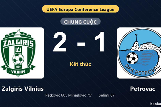 Thống kê trận đấu FK Zalgiris Vilnius 2-1 Petrovac: N. Mihajlovic tỏa sáng, FK Zalgiris Vilnius giành trọn 3 điểm
