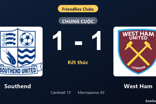 Thống kê trận đấu Southend 1-1 West Ham: Hai đội chia điểm