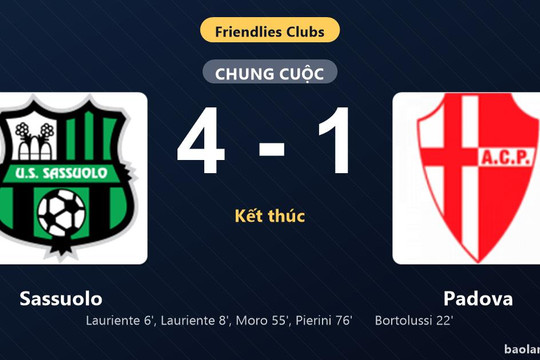 Thống kê trận đấu Sassuolo 4-1 Padova: Sassuolo thắng đậm thuyết phục