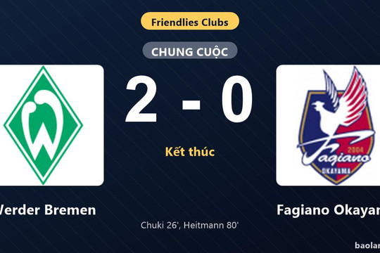 Thống kê trận đấu Werder Bremen 2-0 Fagiano Okayama: M. Heitmann tỏa sáng, Werder Bremen giành trọn 3 điểm