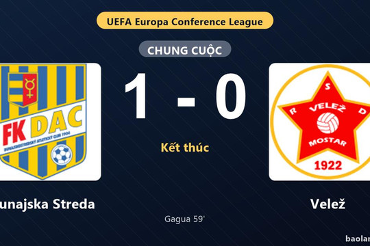 Thống kê trận đấu Dunajska Streda 1-0 Velež: G. Gagua tỏa sáng, Dunajska Streda giành trọn 3 điểm