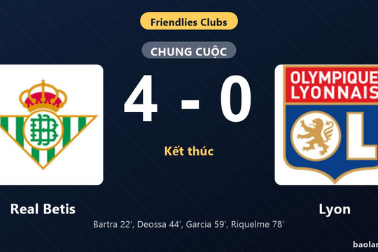 Thống kê trận đấu Real Betis 4-0 Lyon: Real Betis thắng đậm thuyết phục