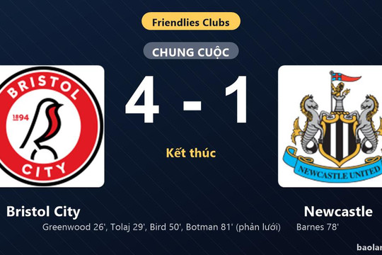Thống kê trận đấu Bristol City 4-1 Newcastle: Bristol City thắng đậm thuyết phục
