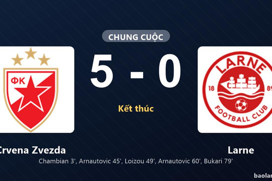 Thống kê trận đấu Crvena Zvezda 5-0 Larne: Crvena Zvezda thắng đậm thuyết phục
