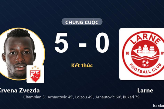 Crvena Zvezda thắng đậm Larne, khẳng định ưu thế tại Beograd