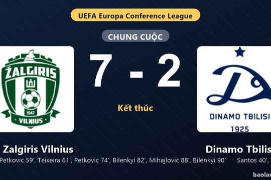 Thống kê trận đấu FK Zalgiris Vilnius 7-2 Dinamo Tbilisi: FK Zalgiris Vilnius thắng đậm thuyết phục