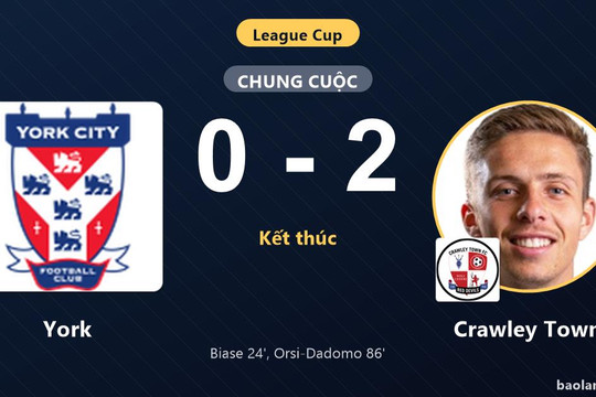 Crawley Town thắng York, tạo dấu ấn ở vòng sơ loại League Cup