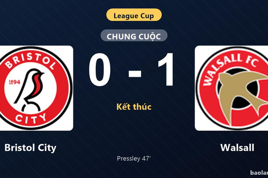 Thống kê trận đấu Bristol City 0-1 Walsall: A. Pressley tỏa sáng, Walsall giành chiến thắng, đi tiếp