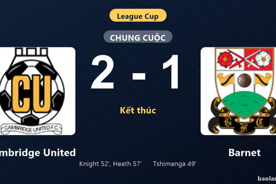 Thống kê trận đấu Cambridge United 2-1 Barnet: Cambridge United ngược dòng ngoạn mục, giành chiến thắng, đi tiếp