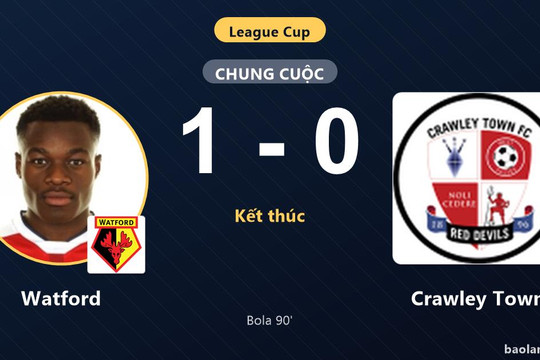 Bàn thắng phút 90 giúp Watford đi tiếp, Crawley Town dừng bước ở League Cup