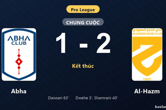 Thống kê trận đấu Abha 1-2 Al-Hazm: A. Al Shamrani tỏa sáng, Al-Hazm giành trọn 3 điểm