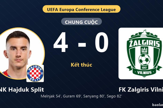 HNK Hajduk Split vùi dập FK Zalgiris Vilnius tại vòng loại UEFA Europa Conference League