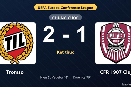 Thống kê trận đấu Tromso 2-1 CFR 1907 Cluj: I. Vadebu tỏa sáng, Tromso giành trọn 3 điểm