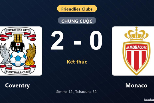 Thống kê trận đấu Coventry 2-0 Monaco: L. Tchaouna tỏa sáng, Coventry giành trọn 3 điểm