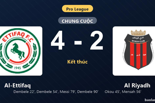 Thống kê trận đấu Al-Ettifaq 4-2 Al Riyadh: M. Dembele tỏa sáng, Al-Ettifaq giành trọn 3 điểm