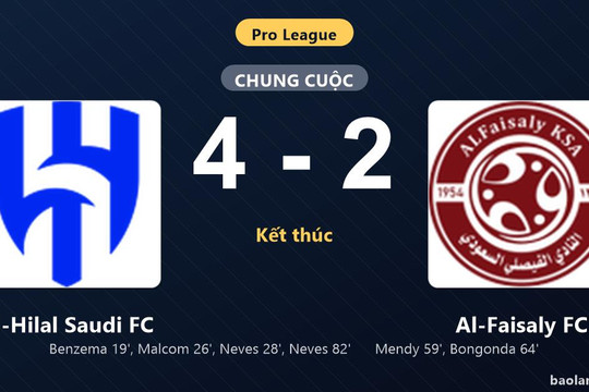 Thống kê trận đấu Al-Hilal Saudi FC 4-2 Al-Faisaly FC: R. Neves tỏa sáng, Al-Hilal Saudi FC giành trọn 3 điểm