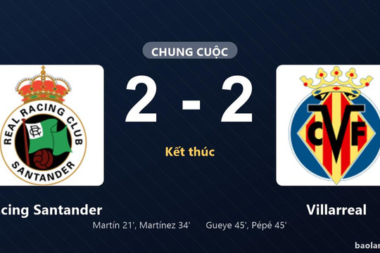 Thống kê trận đấu Racing Santander 2-2 Villarreal: Màn rượt đuổi tỷ số mãn nhãn