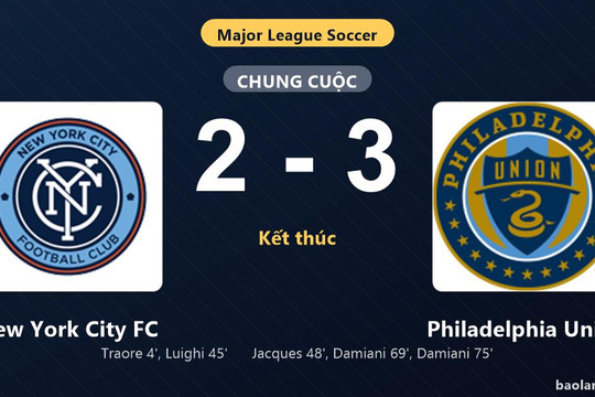 Thống kê trận đấu New York City FC 2-3 Philadelphia Union: Philadelphia Union ngược dòng ngoạn mục