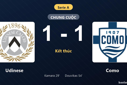 Thống kê trận đấu Udinese 1-1 Como: Hai đội chia điểm