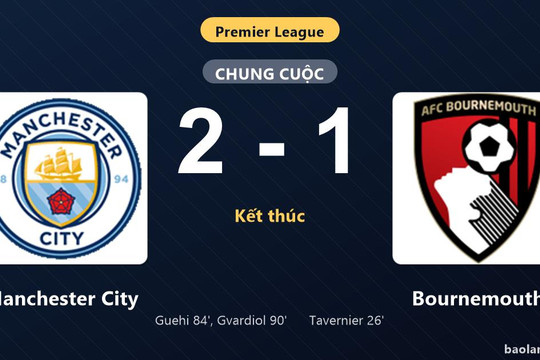 Thống kê trận đấu Manchester City 2-1 Bournemouth: Manchester City ngược dòng ngoạn mục