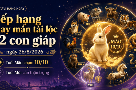 Xếp hạng may mắn 12 con giáp ngày 26/8/2026: Tuổi Mão chạm 10 điểm, tuổi Mùi cần thận trọng lời nói
