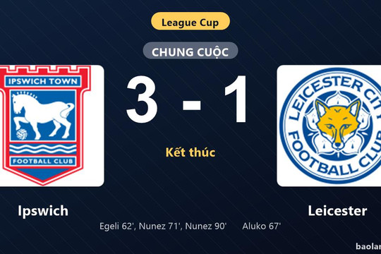 Thống kê trận đấu Ipswich 3-1 Leicester: M. Nunez tỏa sáng, Ipswich giành chiến thắng, đi tiếp