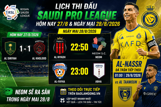 Lịch thi đấu Saudi Pro League hôm nay 27/8 và ngày mai 28/8/2026: NEOM ra sân, Al-Nassr đá ngày 29/8