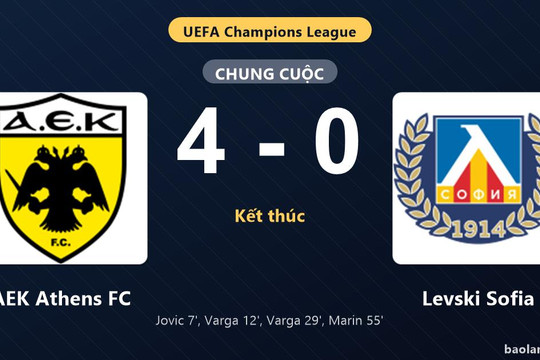Thống kê trận đấu AEK Athens FC 4-0 Levski Sofia: B. Varga lập cú đúp, AEK Athens FC giành vé đi tiếp