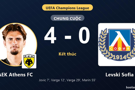 Thắng đậm Levski Sofia, AEK Athens FC nắm lợi thế lớn ở play-offs Champions League