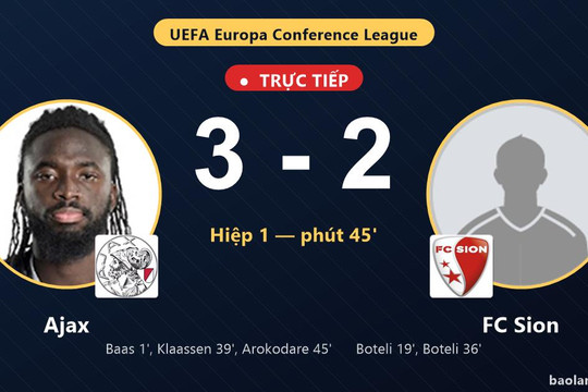 Trực tiếp Ajax vs FC Sion: Hiệp 2 bắt đầu, Ajax dẫn 3-2