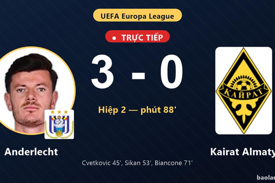 Trực tiếp Anderlecht vs Kairat Almaty: Anderlecht nới rộng cách biệt 3-0